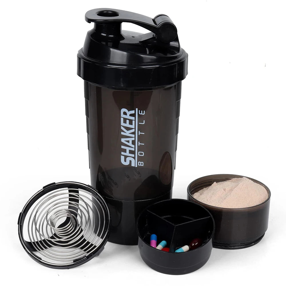 3-Layer Protein Shaker Bottle with Mixing Capability for Fitness and Bodybuilding