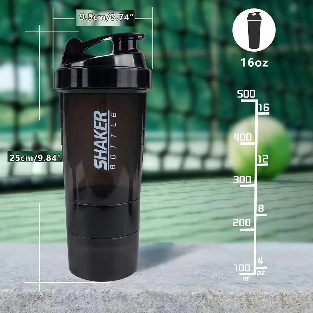 3-Layer Protein Shaker Bottle with Mixing Capability for Fitness and Bodybuilding